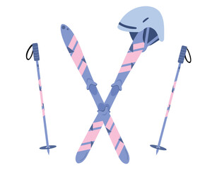 Pink and blue pair of skis, poles and helmet kit isolated on white background. Hand drawn vector illustration in flat style. Winter mountain sport equipment. Sticker design, drawing.
