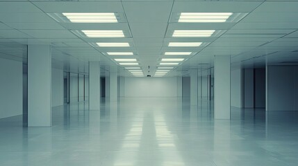 Obraz premium Empty modern office hallway with bright lighting and polished floor.
