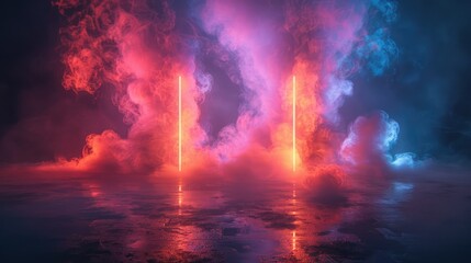 Fototapeta premium Two glowing orange neon pillars with red and blue smoke behind them and their reflections in a wet floor.