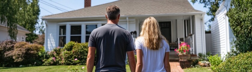 Fototapeta premium Couple standing together, looking at a home on a sunny day, showing love and affection in a relaxed environment.