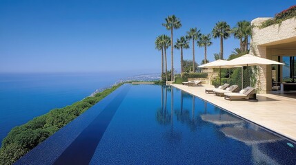 Fototapeta premium Stunning Infinity Pool Overlooking Tranquil Ocean with Luxurious Lounge Chairs and Palm Trees in a High-End Resort Setting Under Clear Blue Sky