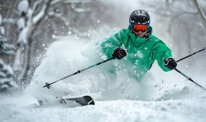 Man in a bright green jacket skiing through deep powder snow. 4K hyperrealistic photo
