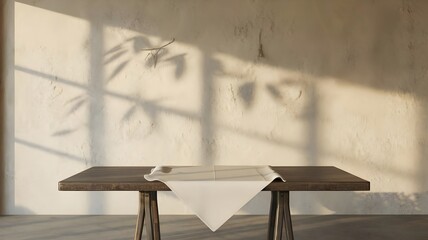 an empty table with a beige texture wall background.