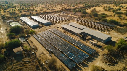 Fototapeta premium Aerial View of Solar Panel Installation in a Desert Landscape with Solar Arrays, Support Structures, and Surrounding Natural Scenery in a Sustainable Energy Facility