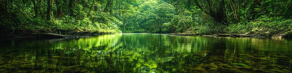 A peaceful river winding its way through the rainforest, its clear waters reflecting the surrounding foliage and towering trees.