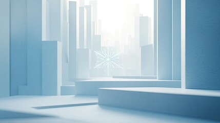 Fototapeta premium Abstract winter city scene with snowflake, showcasing geometric platforms and a bright, minimalist design.