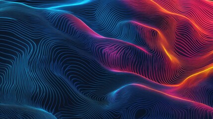 Abstract vibrant blue and red flowing lines forming waves on dark background.