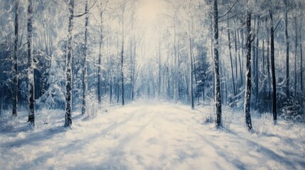 Naklejka premium Serene winter forest path, snow-covered trees, sunlight.