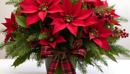 Festive poinsettia bouquet with greenery, berries, and plaid bow