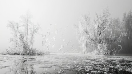 Monochrome winter landscape with frost-covered trees and birds flying over a frozen river in fog.
