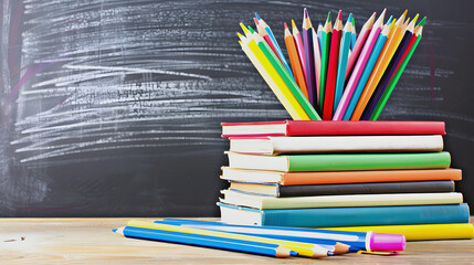 stack of books and pencils on school table against blackboard highlighted by white, pop-art, png