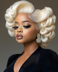 Black woman, hairdressing salon owner, blonde hair, lace front wig, full glamorous makeup, long mink lashes, and lip gloss, posing for promotional campaign.