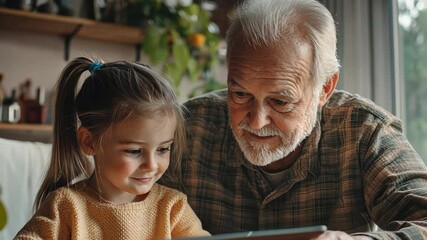 A grandparent discussing online safety with their grandchild, both engaged in a thoughtful conversation at the dining table with a tablet between them.