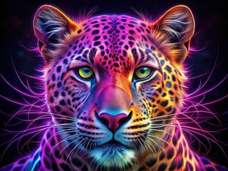 Obraz premium Neon Purple Leopard Face with Abstract Patterns and Vibrant Colors in Panoramic Photography Style