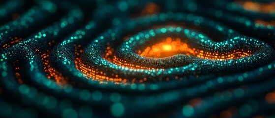 Glowing neon circuitry in an abstract maze, radiant orange and green, macro view with high clarity, deep black background, futuristic technology focus