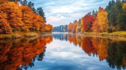 Autumn Landscape with Colorful Trees and Reflections on a Calm Lake