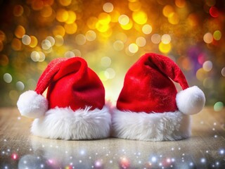 Two Festive Santa Claus Hats with Fur Trim Against a Bright Background for Christmas Celebrations, Perfect for Holiday Decorations and Seasonal Promotions