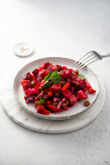 Traditional beetroot salad with green pea