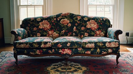 Elegant floral patterned vintage sofa in a bright living room, surrounded by natural light streaming through large windows, enhancing the cozy atmosphere