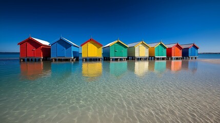 Colorful bright beach huts on the beach, on stilts in shallow water, turquoise sea and blue sky landscape.