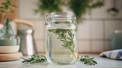 Fresh Rosemary Infusion in Glass Jar with Natural Background and Soft Lighting, Capturing the Essence of Home Cooking and Herbal Remedies