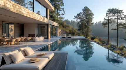 Fototapeta premium Editorial photography of a modern outdoor dining table on a black wood terrace overlooking a varas lake and pine trees.