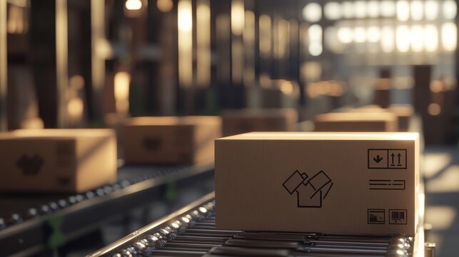 Cardboard Boxes Moving On Conveyor Belt