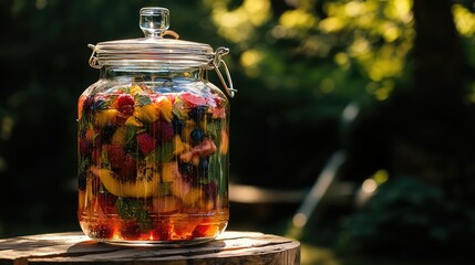 Refreshing Fruit Infused Beverage in Clear Jar with Strawberries, Mint, and Citrus in Natural Outdoor Setting under Soft Light