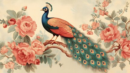 A Vibrant Peacock Perched on a Branch, Its Tail Feathers Spread Out and Its Brilliant Colors Contrasting