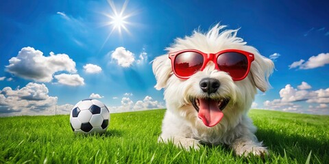 Playful White Dog with Red Sunglasses Next to a Soccer Ball in a Grassy Field - Summer Fun and Joyful Moments Captured in Nature
