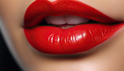 Obraz premium Extreme close-up of the red lips of a beautiful young woman.