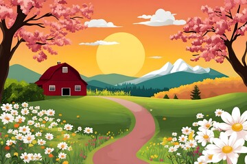 Fototapeta premium illustration, nature, vector, background, hill, sky, mountain, tree, environment, horizon, summer, blue, forest, landscape - scenery, horizontal, meadow, grass, no people, art, beauty in nature, bush