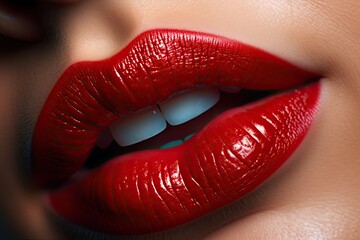 Obraz premium Extreme close-up of the red lips of a beautiful young woman.