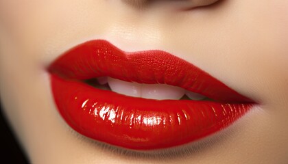 Fototapeta premium Extreme close-up of the red lips of a beautiful young woman.