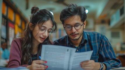 Two students studying together in a library, focused on their textbooks.