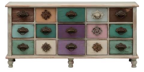 Vintage shabby chic painted furniture, wooden chest of drawers, lilac, green and cream, wrought iron and ceramic handles, white background.