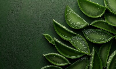 aloe vera slices and olive in a dark olive green background ,generative ai