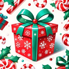 Red and Green Ribbon Christmas Gift Box, Christmas, White Background, New Year, Ai Generative, Animation, 2D