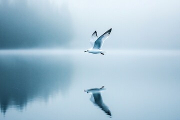 A Serene Seagull in a Misty Reflected Landscape