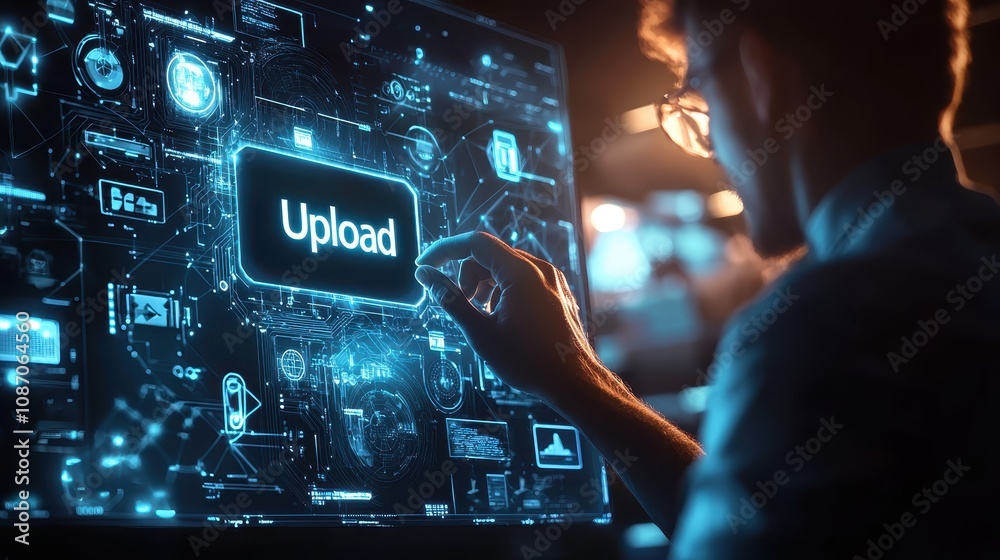 Poster digital interface with upload button: a person interacting with advanced technology screen in a mode