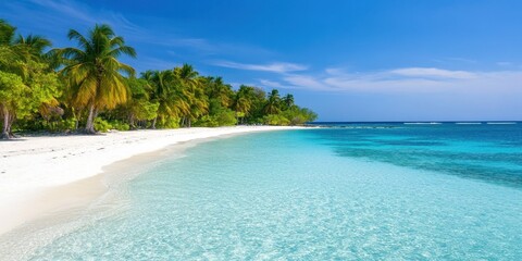 Fototapeta premium Tranquil remote island waterfront with pristine beach, inviting relaxation and natural beauty.
