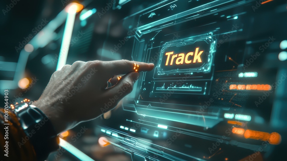 Poster futuristic user interface interaction with a hand touching a digital track button on a high-tech scr