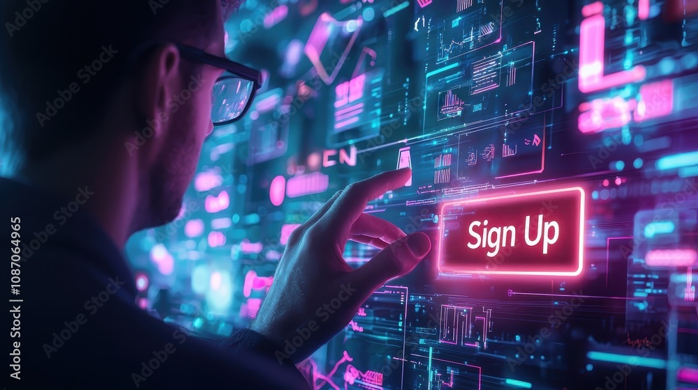 Poster futuristic user interface interaction featuring a person preparing to sign up on a neon-lit digital 