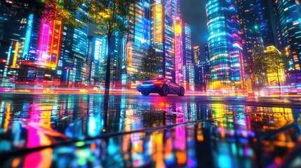 Obraz premium Night cityscape with vibrant neon lights reflecting on a wet street, a car driving through.
