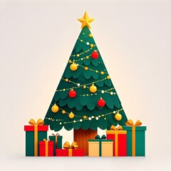 Christmas Tree and Gift Box Underneath, Christmas, White Background, New Year, Ai Generative, Animation, 2D