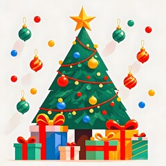 Christmas Tree and Gift Box Underneath, Christmas, White Background, New Year, Ai Generative, Animation, 2D