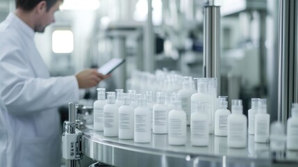 Fototapeta premium Conveyor Belt of White Bottles in a Modern Production Facility