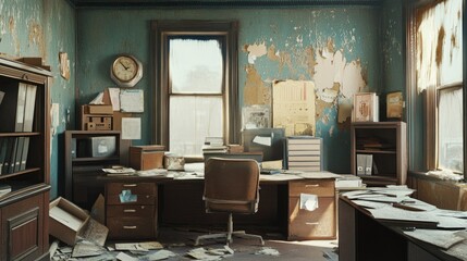 Abandoned office with dusty desk, old furniture, and peeling walls.