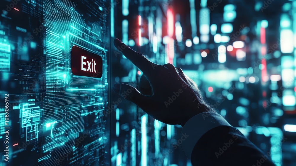 Poster futuristic concept of user interaction with digital display showing exit button in cyber environment