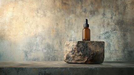 Amber glass dropper bottle on stone against textured background.